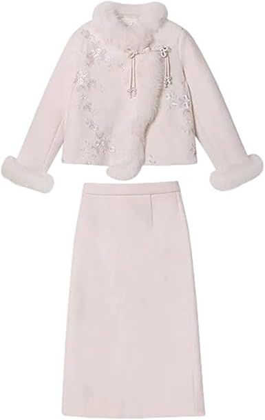 Women's Round Neck Disc Button Tweed Suit Skirt Set Vintage Gradient Loose Woolen Blazer Two-Piece