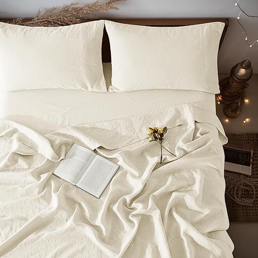 LBRO2M 100% Linen Sheet Set Twin XL Size,Bed Sheets 3 Piece Sets,Solid Color Natural Flax Bed Sheets Soft Breathable Bedding,16" Deep Pocket,All Season (Twin XL, Beige)