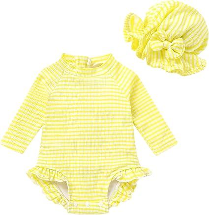 Infant Baby Girl Swimsuit One-Piece Long Sleeve Rash Guard with Hat Set Floral Zipper Bathing Suit Leopard Beach Wear