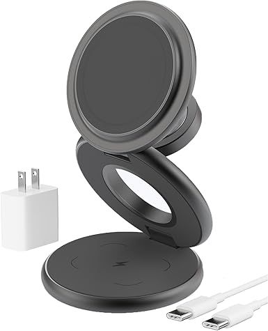 KU XIU X63 3 in 1 Charging Station for Apple, Aluminum Alloy Foldable Magnetic Wireless Charger, Travel Charger for iPhone 17/16/15/14/13/12 Series, Apple Watch & AirPods (with 20W Adapter)-Gray