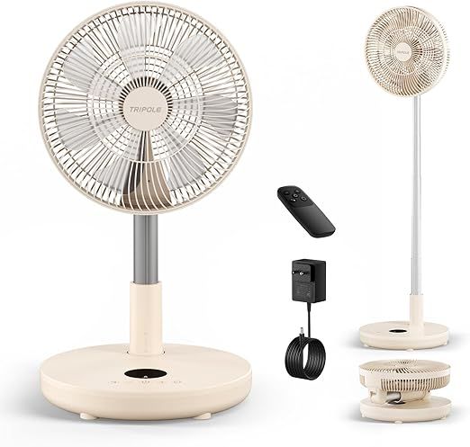 TriPole Foldable Standing Fan 12" Portable Rechargeable Battery Pedestal Fan with Remote, Timer Setting, Height Adjustable, for Home Office, 6 Speed, 12000mAh (Beige)
