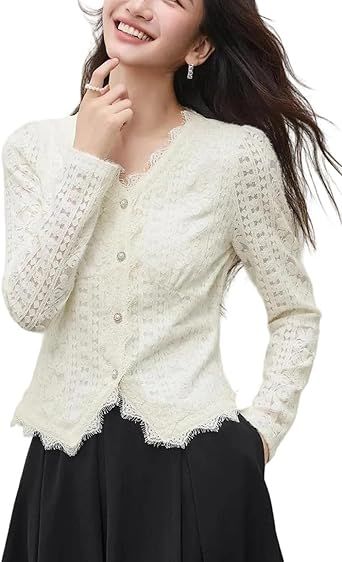 Women's Elegant V-Neck Lace Shirt Warm Lined Blouse with Pearls Buttons Long Sleeve Knit Pullover Top