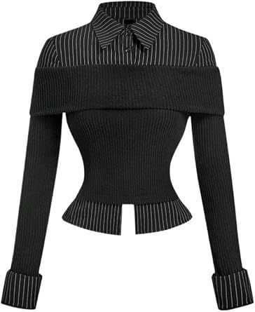 Women's Long-Sleeved Shirt Knit Striped Shirt, 2 in 1 Top