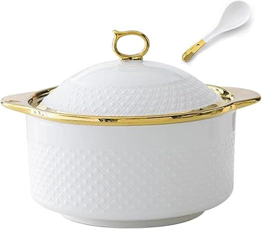 White Soup Tureen with Glass Lid Large Capacity Ceramic Soup Bowl White Porcelain Serving Bowl Gold Trim Soup Bowls with Spoon Round Bowl for Home Kitchen Restaurant Decoration,2.2L/2QT