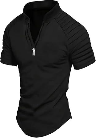 Men's Lapel Shirt Sports Solid Color Standing Collar Pleated Zipper Breathable Casual Top Short Sleeve