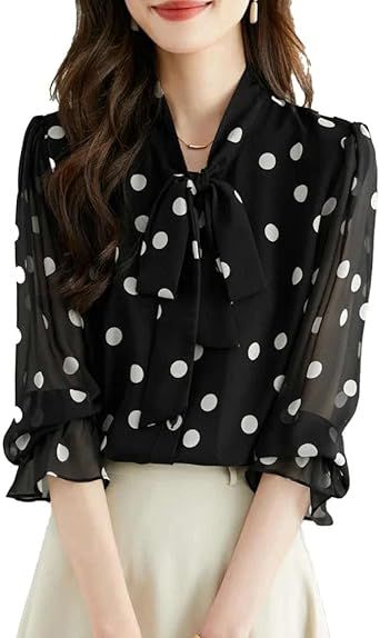 DAISYSILK Women's Polka Dot Silk Blouse with Ruffles – Long Sleeve Bow Tie Neck Top – Sheer Georgette Shirt for Work