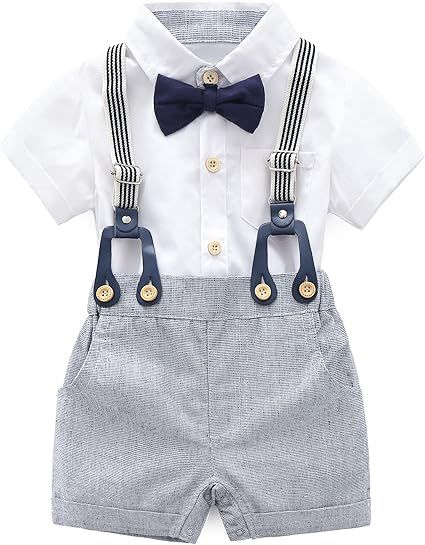 Boarnseorl Baby Boys Gentleman Outfits Shorts Sets,Infant Shirt + Shorts + Bow Tie + Suspenders