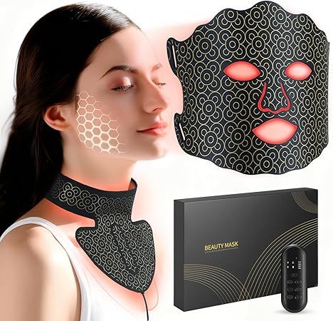 Red Light Therapy for Face & Neck, 7-Color LED Light Therapy Mask, 2600mAh Rechargeable Red Light Mask for Skin Care,With Adjustable Brightness & Timer, Suitable for Home or Travel Use