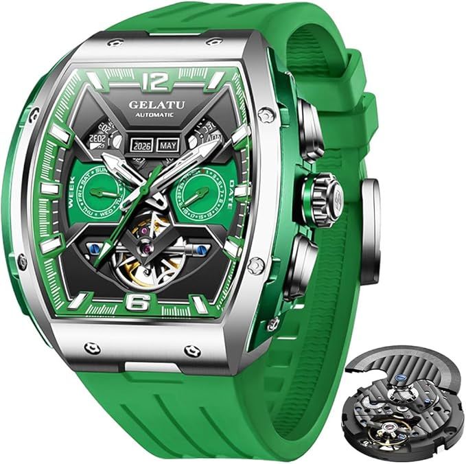 OLEVS GELATU Mens Watch Automatic Tourbillon Wristwatch Skeleton Mechanical Self Winding 50M Waterproof Sapphire Crystal Square Male Watches Yellow/White/Black/Green