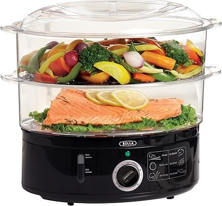 BELLA Two Tier Food Steamer with Stackable Baskets & Removable Base for Fast Simultaneous Cooking - Auto Shutoff & Boil Dry Protection, 7.4 QT, Black