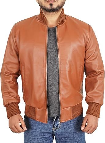 Leather Bomber Jacket Men - Ribbed Style Casual Varsity Real Lambskin Mens Leather Jacket Moto Fashion