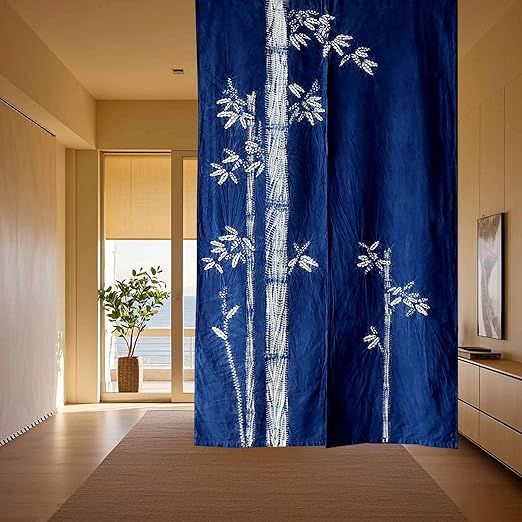 Hand Dyed Noren Curtain/Shibori Cotton Japanese Doorway Curtain/Japanese Noren/Various Patterns (Bamboo - Indigo, 33.5x59in)