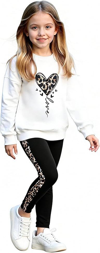 Girls Long Sleeve Sweatshirt 2 Piece, Bow Graphic Top and Pants Spring Fall Fashion Casual Clothes.