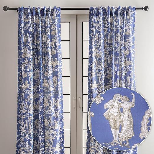 Maison d' Hermine Curtains for Living Room 100% Cotton 108 inch Length Two Panels Light Filtering Toile Curtains for Bedroom Windows with Rod and Loop Pockets Drapes (Joli Jouy Blue, 50" W x 108" L)
