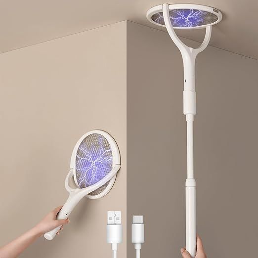 GeckoMan Rotating Head Electric Fly Swatter Racket Rechargeable Bug Zapper Racket Bug Zapper Indoor Fly Zapper Mosquito Zapper Flies Killer for Indoors, with a Telescopic Extension
