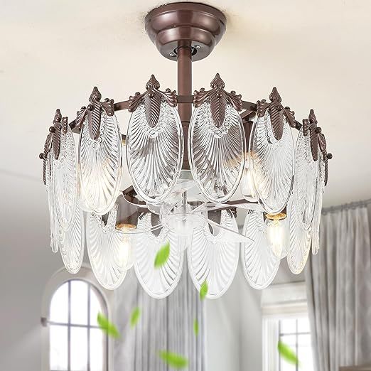 20 Inch Brown Crystal Fandelier Ceiling Fan with Light, Vintage Brown Ceiling Fans with Lights Remote Control, Caged with 6 Speeds for Bedroom, Nursery, Living Room