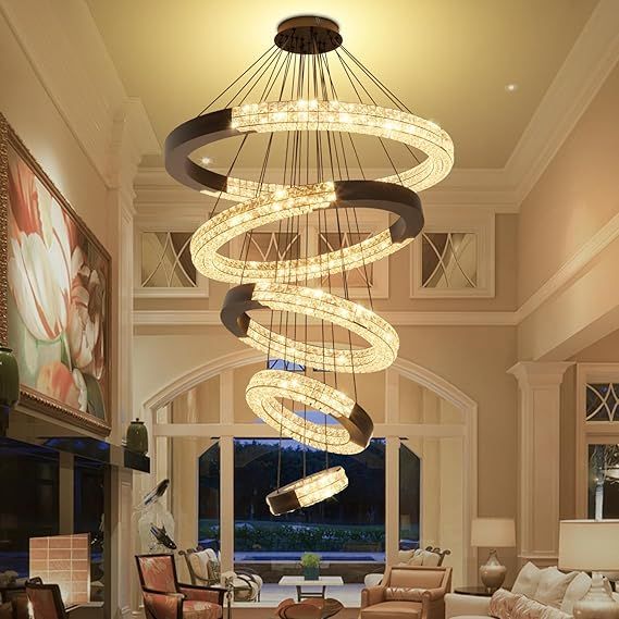 5 Ring Large Black Chandeliers Luxury Modern Crystal Chandelier Lighting, High Ceiling Chandelier for Foyer Staircase D12''+20''+27.5''+35''+43''