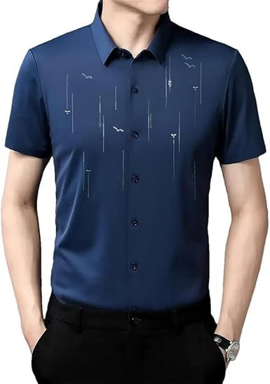 Men Summer T-Shirt Short Sleeve Solid Turn-Down Collar Striped Business Button Tops