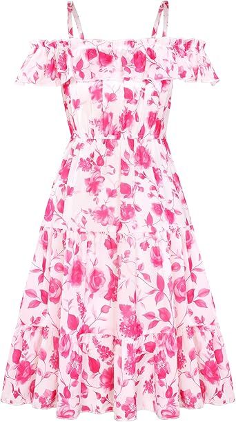 GRACE KARIN Girls Summer Dress Off Shoulder Ruffle Floral Spaghetti Strap Casual Sundress Tiered Midi Dress