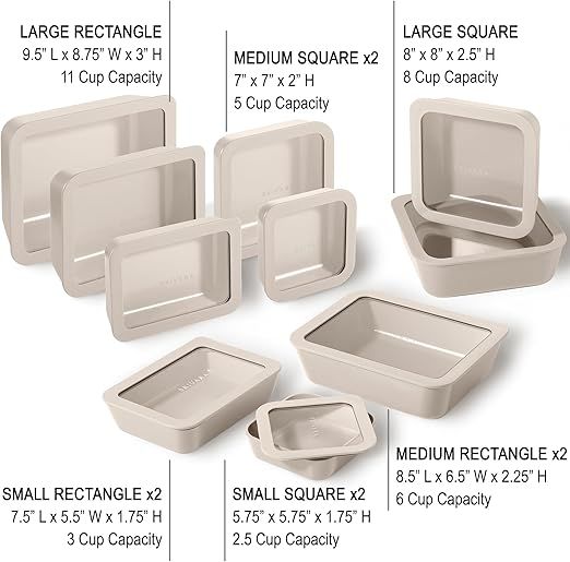 Ceramic Coated Glass Food Storage Containers | No PTFE, PFOA, PFAS, and BPA | Reusable Non Toxic Meal Prep Containers with Glass Lids | Easy To Store | 10 Piece Set [Crema]