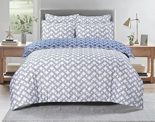 Majestic Giftware Madison Linen 8-Piece Twin Size Bedding Set (BL106-T) | Diamond Braid Blue Gray 300 TC Cotton Sateen Durable & Eashable | 2 Fitted Sheets, 2 Duvets, 4 Pillowcases