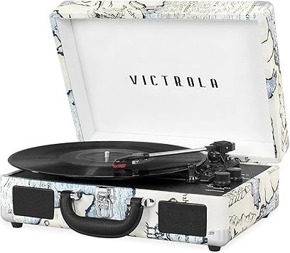 Victrola Journey Bluetooth Portable Suitcase Record Player – with Built-in Speakers, 3 Speed Vinyl Record Player, RCA Out, Headphone Jack (Retro Map)