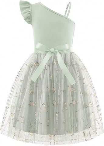 Arshiner Girls Dresses Summer One Shoulder Ruffle Sleeveless Formal Fancy Party Birthday Tulle Dress with Belted