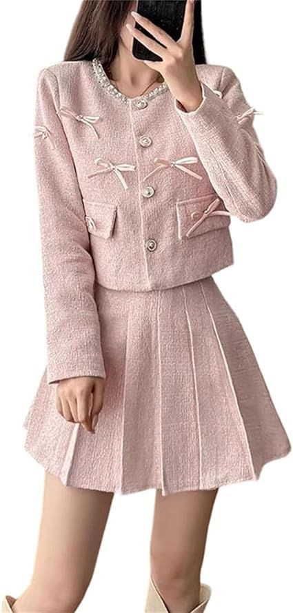 Women’s Classic Beaded Short Jacket and Pleated Skirt Two Piece Tweed Set Elegant Outfit Formal for Party or Office