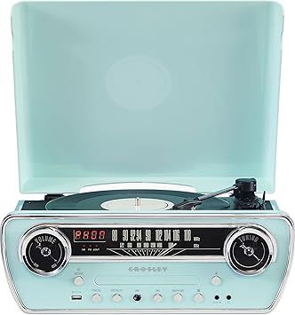 Crosley CR6047A-AB Powel 7-in-1 Bluetooth in/Out Vinyl Record Player with AM/FM Radio, CD Player, and Aux-in, Aqua Blue