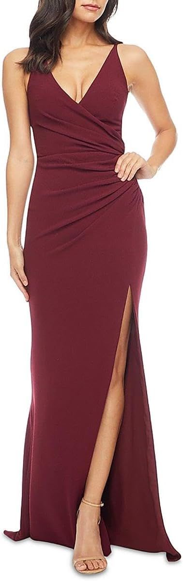 Dress The Population Womens Jordan Plunging Drape Front Sleeveless Long Gown with Slit