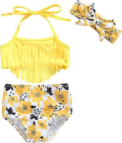 Yccutest Infant Baby Girl Flower Swimsuit 3Pcs Halter Triangle Tops Ruffle Bottoms Sun Hat Bikini Set Bathing Suit Swimwear