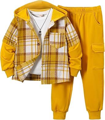 2Pcs Kids Boys Flannel Plaid Shirt Tops Pants Set Hoodie Sweatsuit for Fall Winter Spring Outfits 4-12 Years