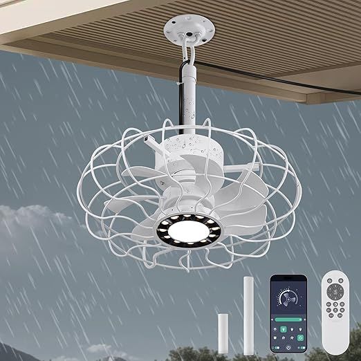 15" Outdoor Ceiling Fan with Light, with Remote and App Remote, IP65 Waterproof Gazebo Hanging Fan, 3CCT Dimmable, Portable Plug in Ceiling Fan with Cord Hook for Patio Porch Pergola Indoor(White)