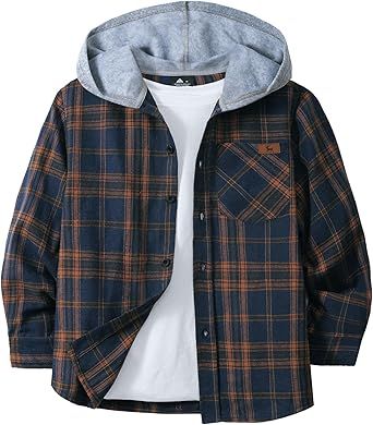 SWISSWELL Boys Long Sleeve Button-up Shirt with Hood Unisex Kids Cotton Plaid Hoodie Flannel Fall Shirts for 6-15 Years