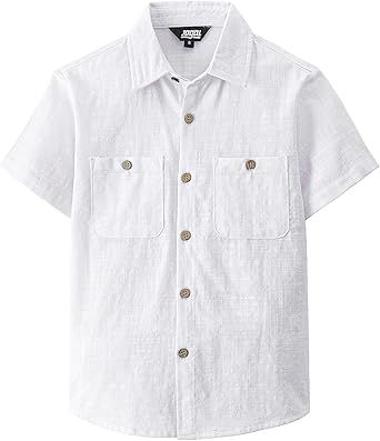 JOGAL Boys Chambray Shirts Short Sleeve Button Down Casual Cotton Woven Shirt with Two Pockets for Kids 6-14 Years