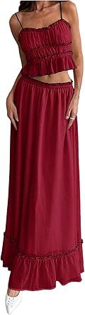 SOLY HUX Women's Skirt Sets 2 Piece Outfits Contrast Trim Ruffle Hem Cami Tops and Maxi Skirt Vacation Set