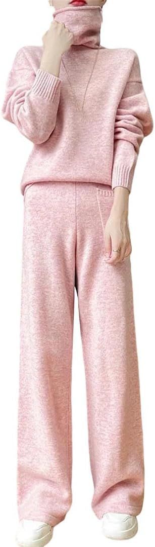 Women's 100 Percent Merino Wool 2 Piece Set Turtleneck Pullover Sweater And Straight Pants Knit Lounge Outfits