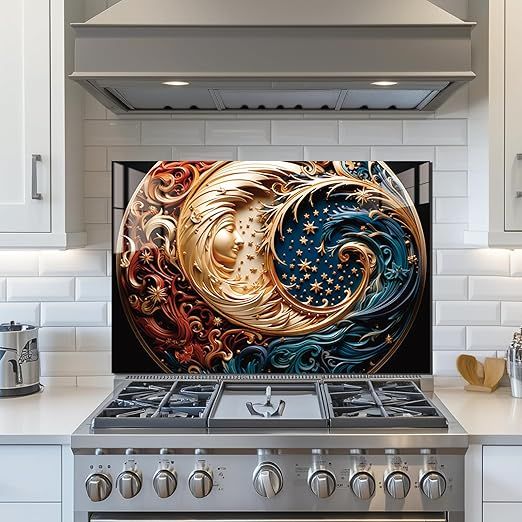Tempered Glass Backsplash for Kitchen,Moon, Frameless, Stove Backsplash Protector for Wall,Easy to Clean, Home Decor (30"x20")