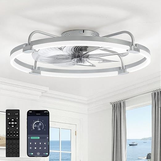 LEDIARY Ceiling Fans with Lights and Remote, 24'' Low Profile Ceiling Fan with Light, 3000-6000K Dimmable Fandelier LED Fan Light, 6 Wind Speeds, Grey Modern Flush Mount Ceiling Fan for Bedroom
