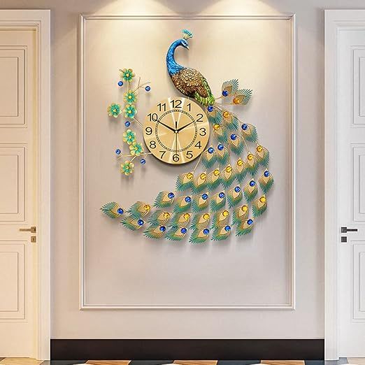 Large Peacock Wall Clock 30.7 inch Metal Design Non-Ticking Silent Art Digital Wall Clocks for Living Room Decor