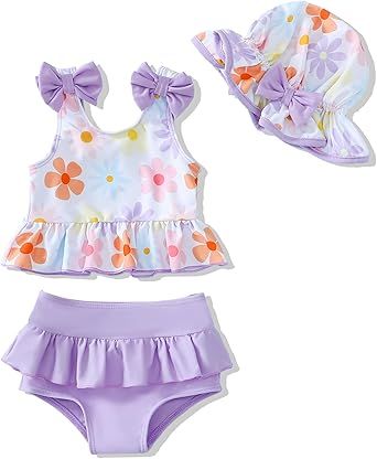Mioglrie Baby Infant Swimsuit Girl Toddler Bathing Suit Girl Summer Beach Bikini Tankini Swimwear Hat 3-24 Months 2t-5t
