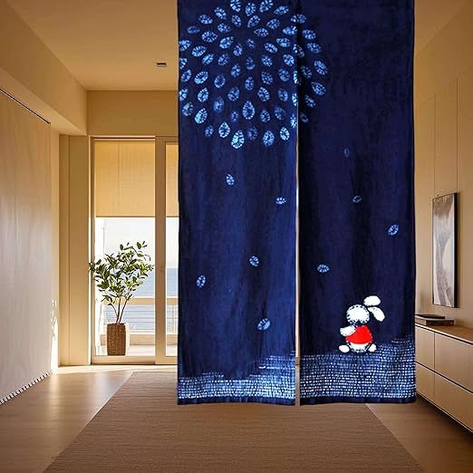 Natural Plant-Dyed Japanese Noren Curtain/Hand-Stitched Bunny Door Curtain/Doorway Tapestry (Rabbit Under Fireworks - Indigo, 33.5x59in)