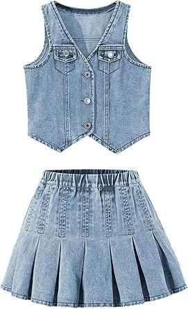 MakeMeChic Girl's Y2K Two Piece Cute Outfits Denim Jeans Sleeveless Button Down Vest and Pleated Mini Skirt Set 8-12 Years