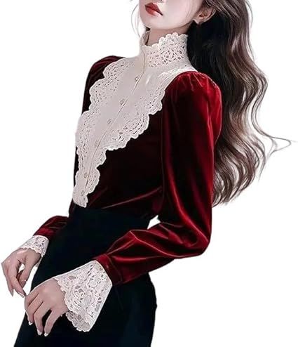 Women's French Ruffle Blouse with Patchwork Detail Long Sleeve Button-Down Shirt Warm Lined Tops