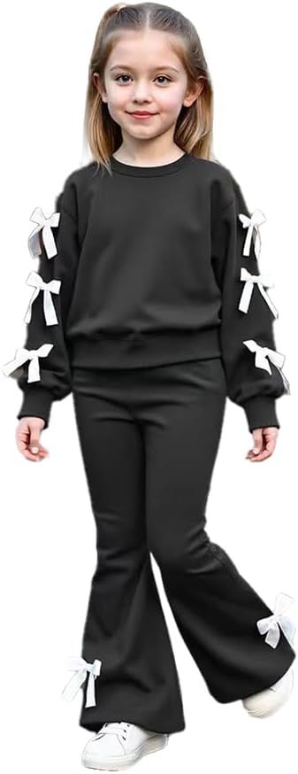 Girls Long Sleeve Sweatshirt 2 Piece, Bow Graphic Top and Pants Spring Fall Fashion Casual Clothes.
