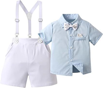 Boarnseorl Baby Boys Gentleman Outfits Shorts Sets,Infant Shirt + Shorts + Bow Tie + Suspenders