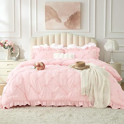 BEDELITE Baby Pink Comforter Set Queen - 3 Pieces Boho Ruffle Pintuck Bedding Comforter Sets, Lightweight Soft & Warm Bed Comforter with 2 Pillowcases for Spring,Valentines Day Gift