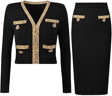 Womens Knitted Evening Suit Crystals Beaded Cardigan With Long Pencil Skirt Two Piece Set