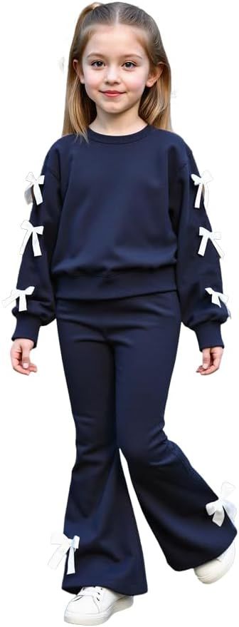 Girls Long Sleeve Sweatshirt 2 Piece, Bow Graphic Top and Pants Spring Fall Fashion Casual Clothes.