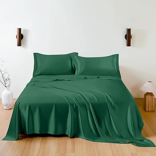 THXSILK 100% Mulberry Silk Sheet Set, 7A+ Silk Sheet Set Soft Breathable, Luxury Bedding (1 Flat Sheet, 1 Fitted Sheet, 2 Pillow Shams) Full, Emerald Green